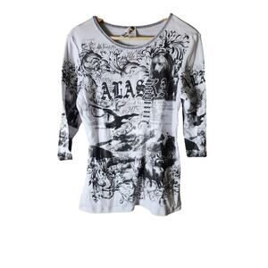 BIG BANG White Black NEW Graphics ALASKA Bear Eagle 3/4 Sleeve Top Sz M - NWT